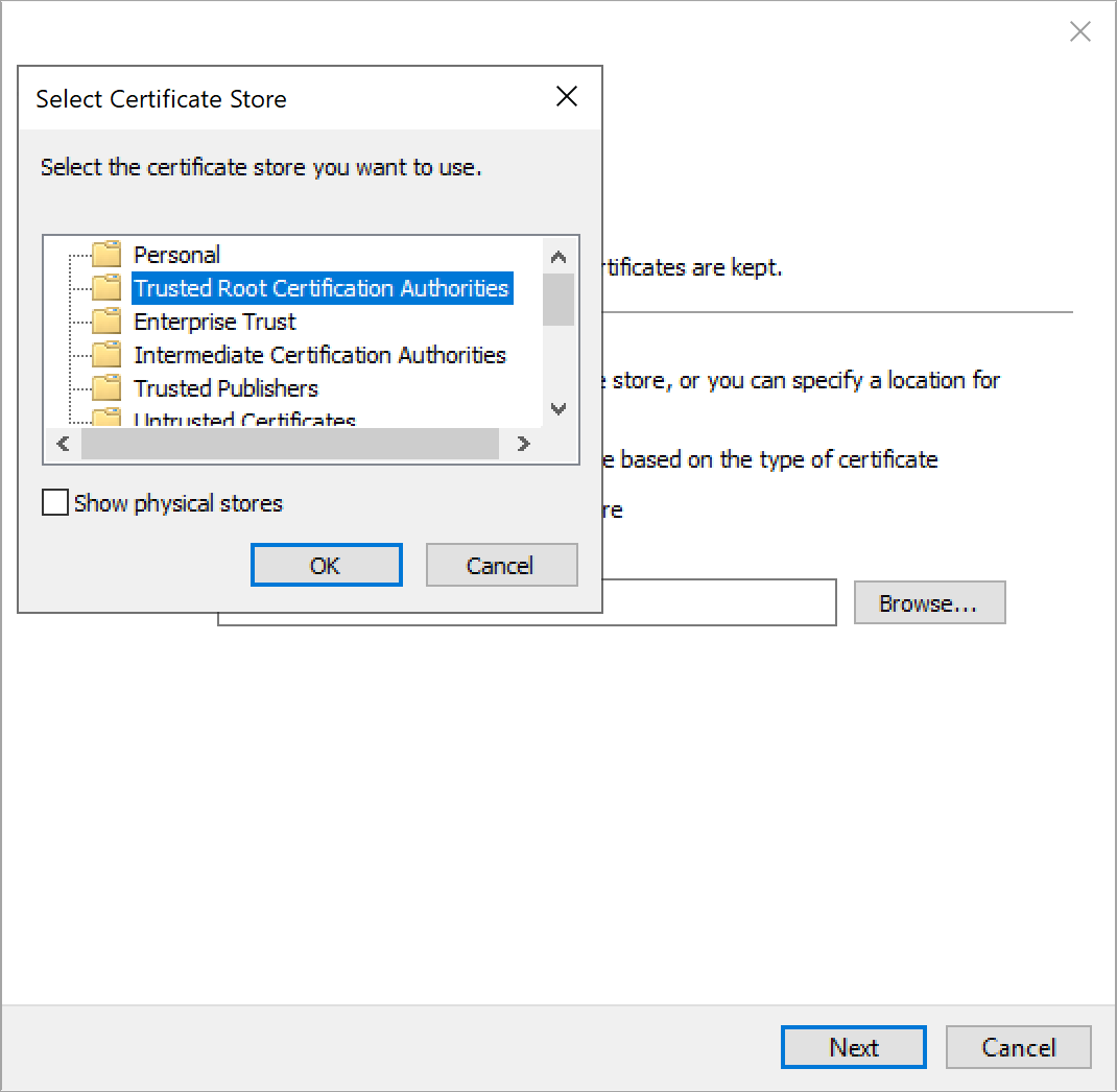 Windows Select Certificate Store dialog